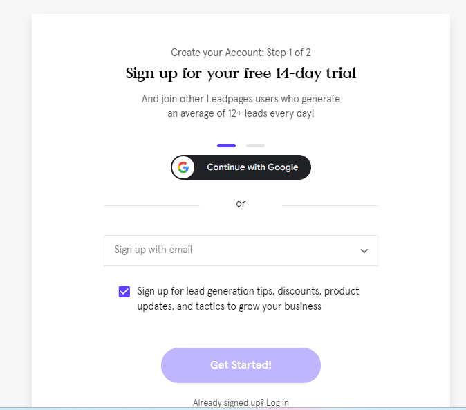 Create an account with Leadpages