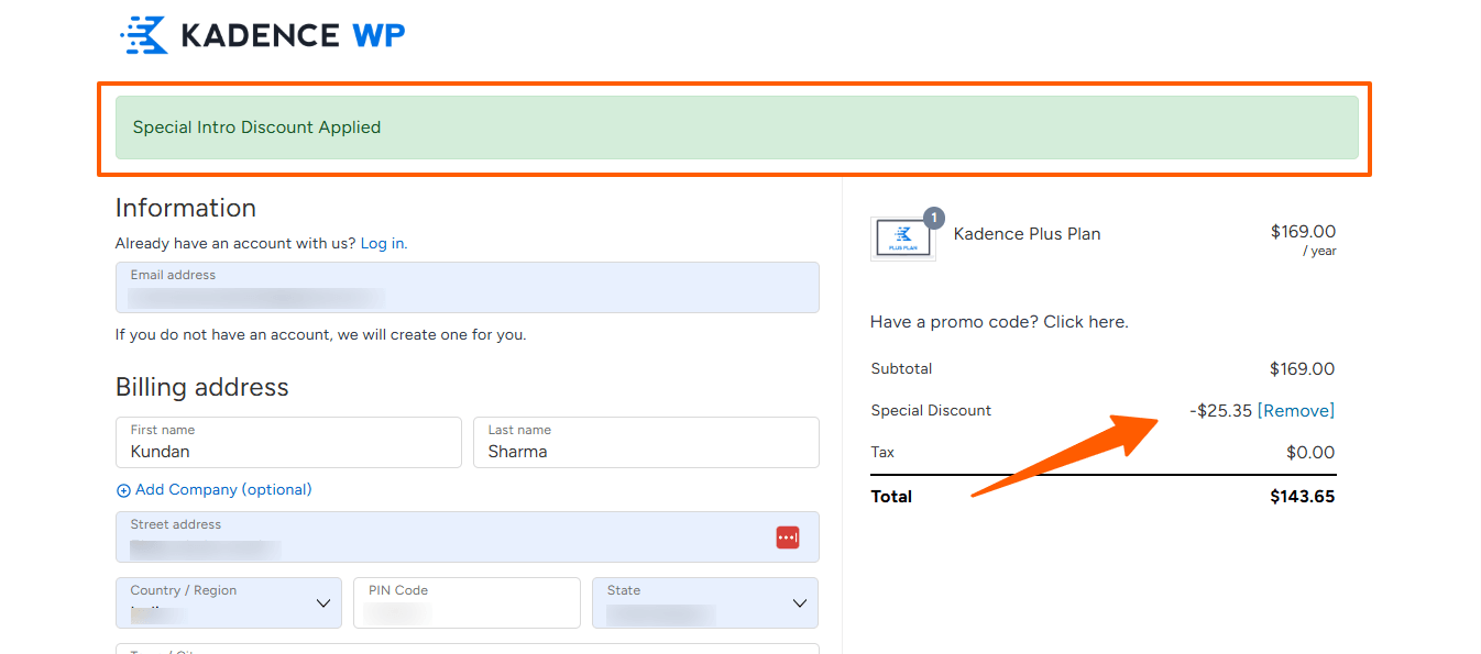 Kadence Wp Discount Applied