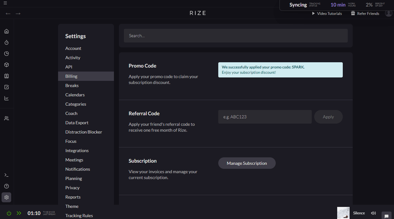Rize.io promo code applied to the subscription